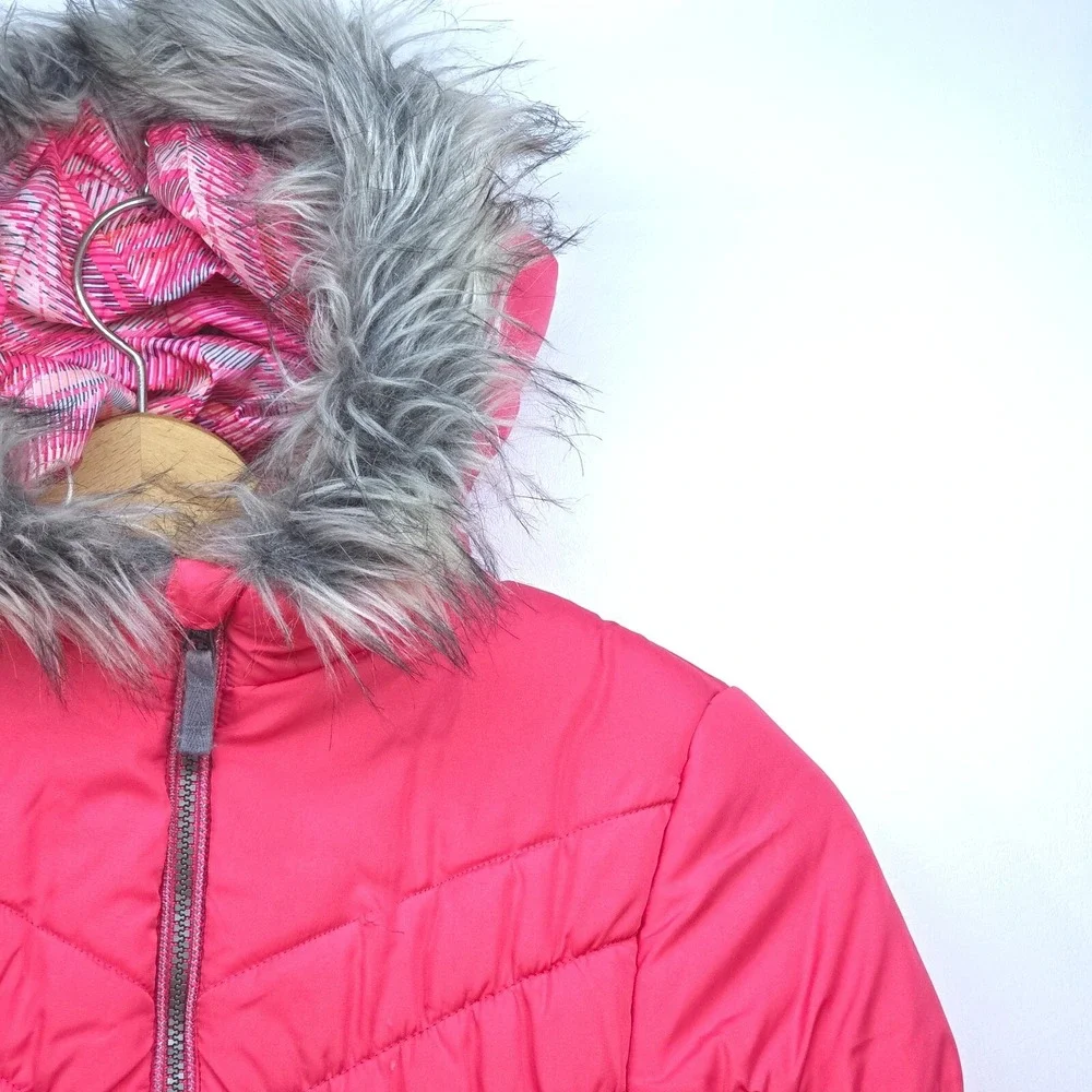 London Fog‎ Lined Puffer Jacket Girl's Large Fur Trim Hood Insulated Preppy Fun